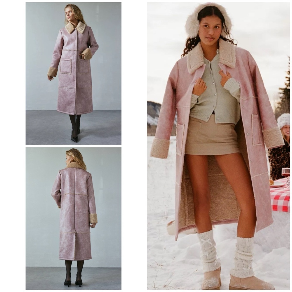 NWT Urban Outfitters Kimchi Blue Pink Delilah Faux Suede Fur Trim Longline Coat‌